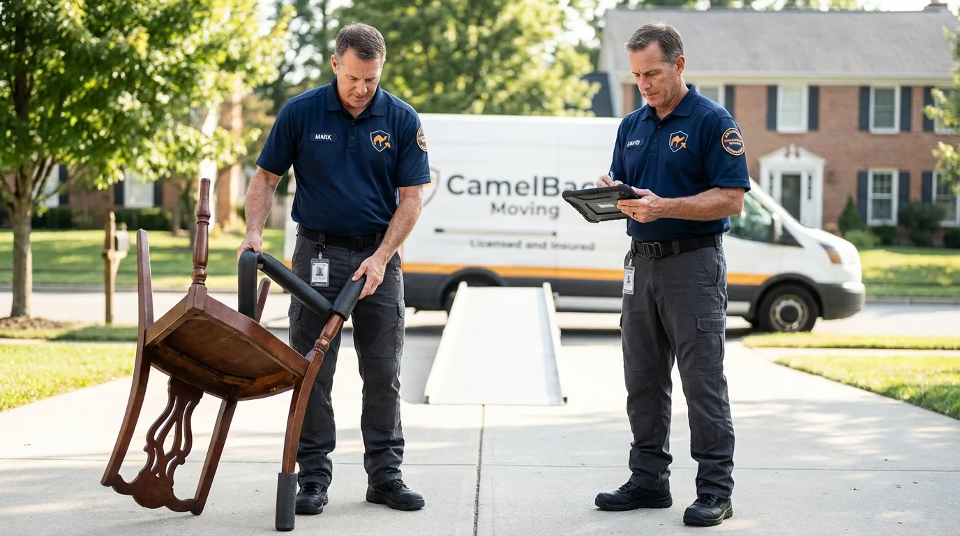 Movers inspecting furniture for damage prevention before loading in Auburn, KY