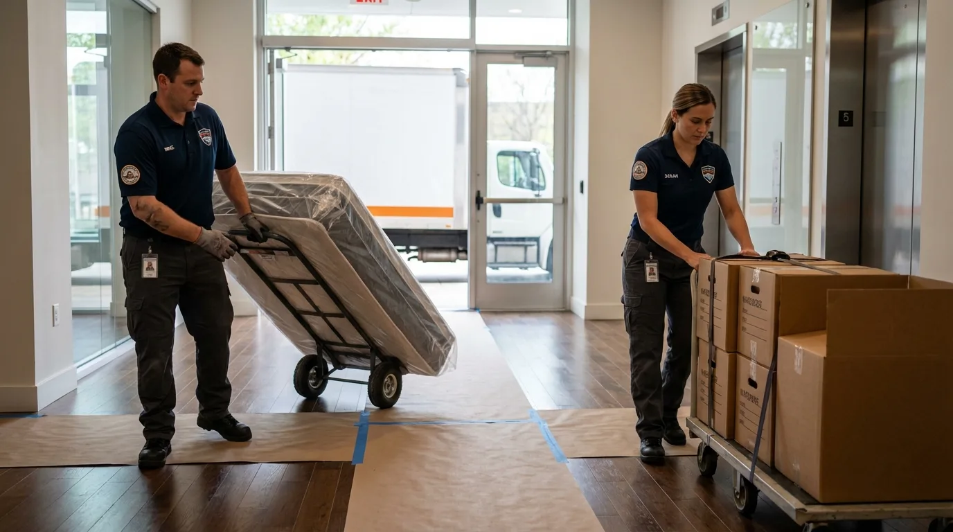 Professional apartment movers loading elevator in Auburn, KY